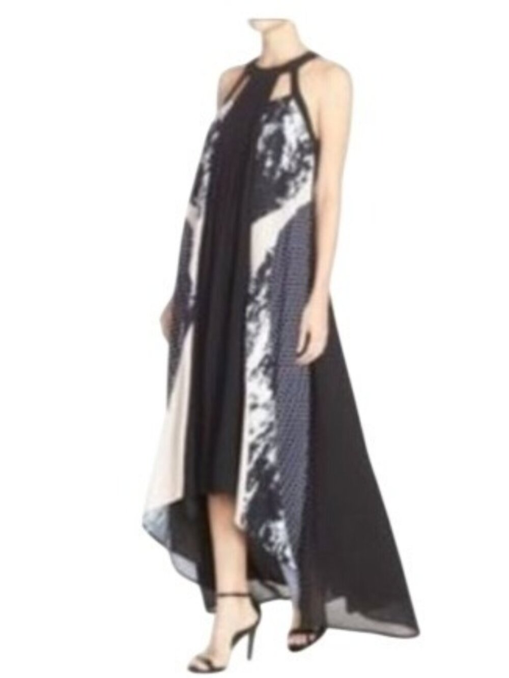 New Women Adelyn Rae Black White Mixed Media High-Low Maxi Halter Dress Size S